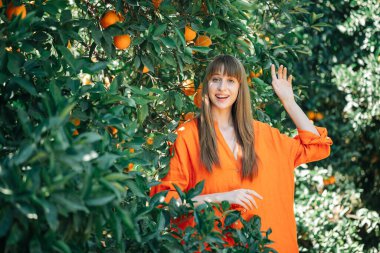 Turuncu elbiseli mutlu genç kız ellerini portakal bahçesinde tutarak kameraya poz veriyor. 
