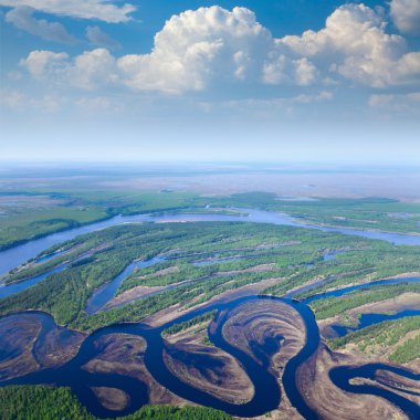 Beyaz bulutların altında orman Nehri
