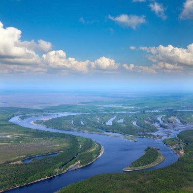 Beyaz bulutların altında orman Nehri