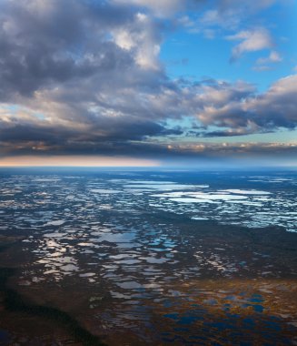 Aerial view of vast swamps under clouds clipart