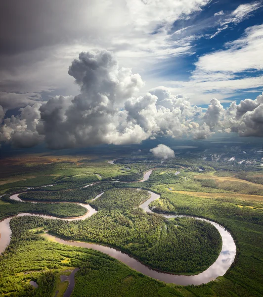 Forest river onder de witte wolken — Stockfoto