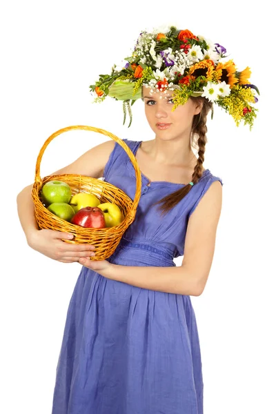 Eautiful girl with flowers and apples — Stock Photo, Image