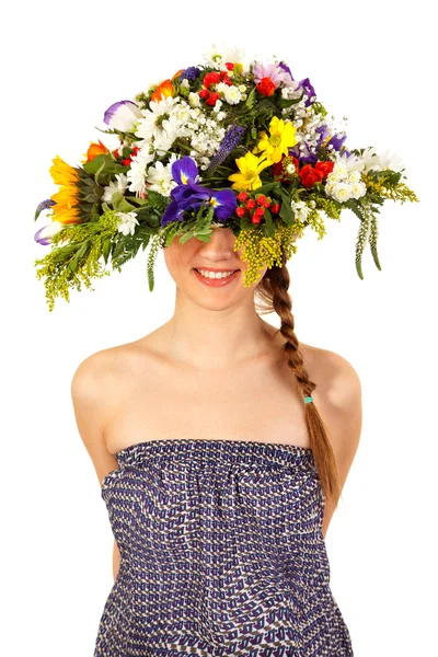 Beautiful girl with hat of flowers — Stock Photo, Image