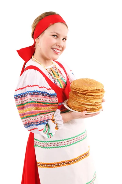 Meisje met stapel van pannenkoeken — Stockfoto