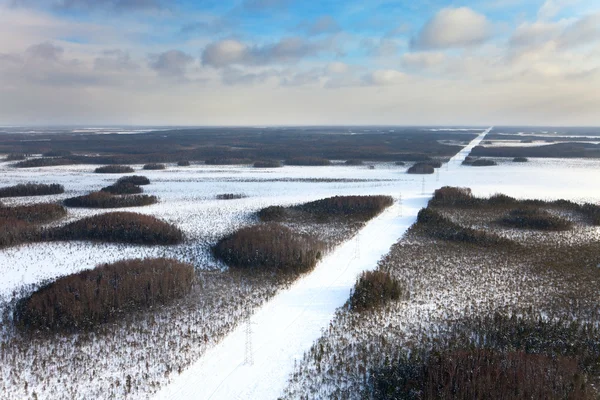 Aerial view of a river running through winter forest — Stock Photo, Image