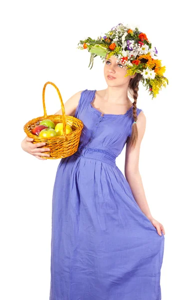 Beautiful girl with flowers and apples — Stock Photo, Image