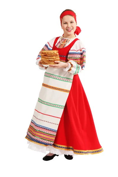 Girl with stack of pancakes — Stock Photo, Image