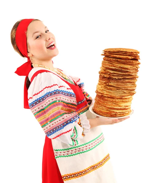 Girl with stack of pancakes — Stock Photo, Image