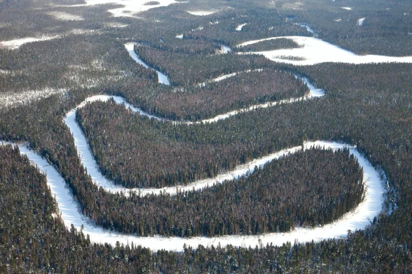 Aerial view of forest river in winter — Stock Photo, Image