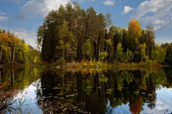 Рыбак в лодке находится на берегу лесного озера в осень — стоковое фото