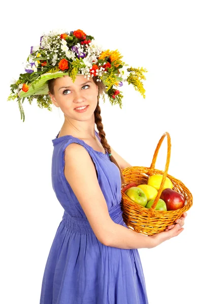 Eautiful dívka s květinami a jablka — Stock fotografie