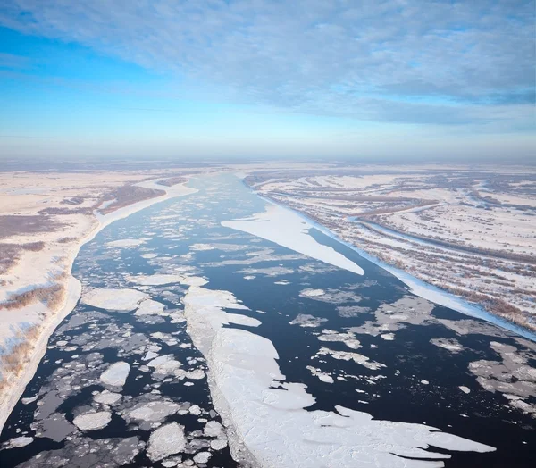 Top view greate river in a frosty day — Stock Photo, Image