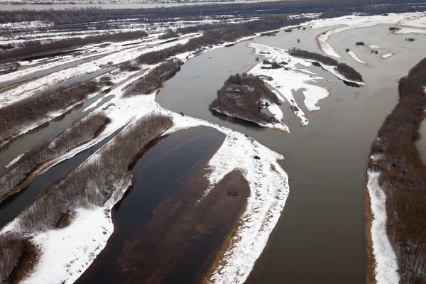 Aerial view of forest river in time of winter day. — Stock Photo, Image