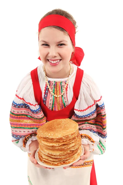 Girl with stack of pancakes — Stock Photo, Image