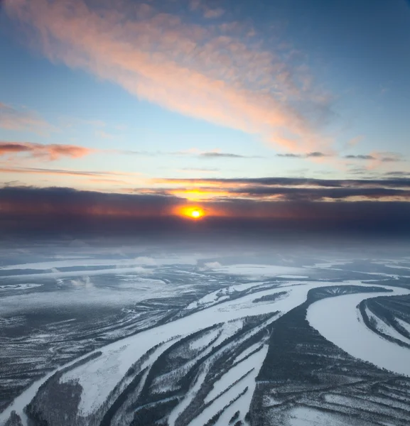 Aerial view of winter forest in evening — Fotografia de Stock