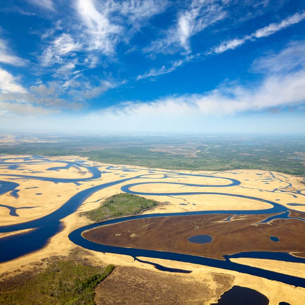 Aerial view of the flood on a river — Stock Photo, Image