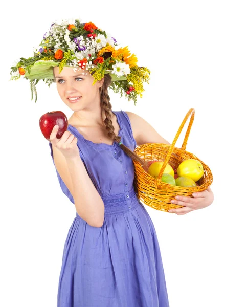 Eautiful girl with flowers and apples — Stock Photo, Image