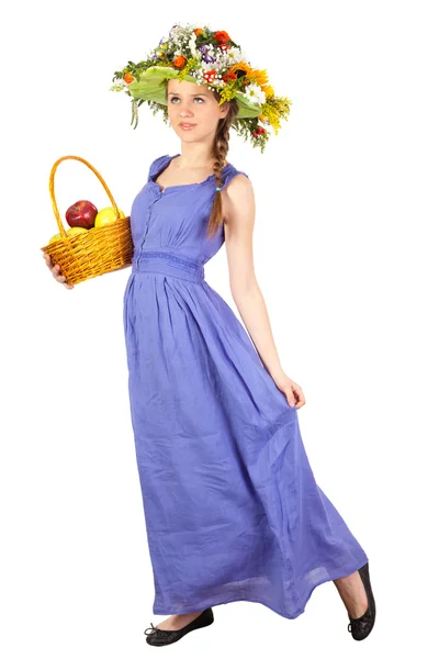 Beautiful girl with flowers and apples — Stock Photo, Image