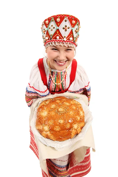 新鲜面包的女孩 免版税图库图片