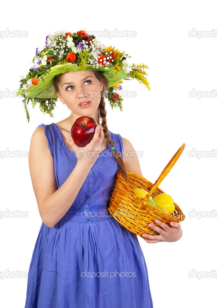 eautiful girl with flowers and apples