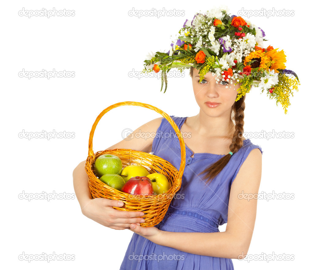 eautiful girl with flowers and apples