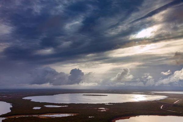 Autumn Early Morning Sunrise Swamp Marshland Multiple Lakes Reflecting Sky — Stock Photo, Image