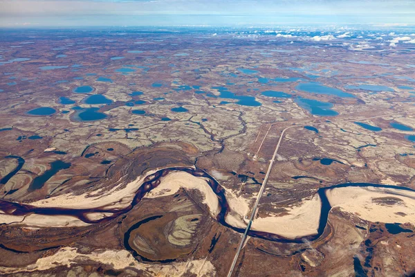 Αεροφωτογραφία Του Tundra Στο Φθινόπωρο Έλος Ύδωρ Κάτω Από Συννεφιά — Φωτογραφία Αρχείου