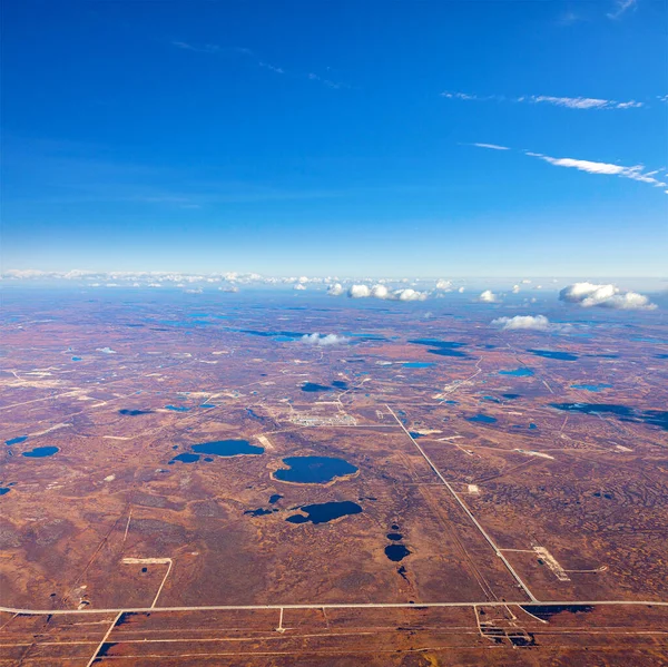 Aerial View Tundra Autumn Oilfield Marsh Terrain Cloudy Sky Extensive — Stock Photo, Image