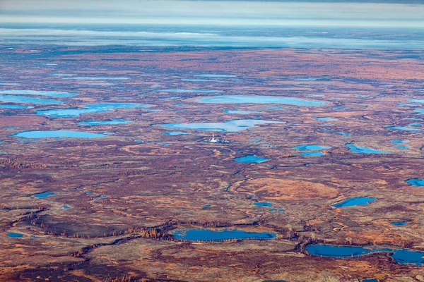 Aerial View Tundra Autumn Oilfield Marsh Terrain Cloudy Sky Extensive — Stock Photo, Image