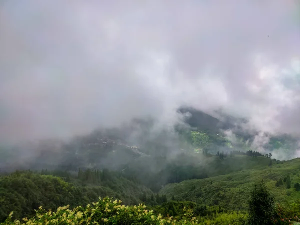 Grünes Gebirgstal Gefüllt Mit Schweren Wolken Morgen Bild Aufgenommen Bei — Stockfoto