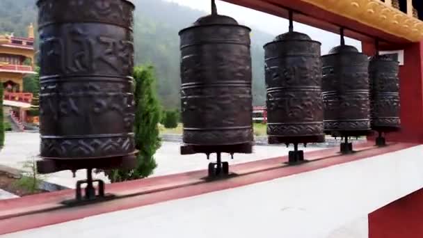 Buddhism Religious Holy Wheels Buddhist Monastery Architecture Design Morning Low — Stock Video