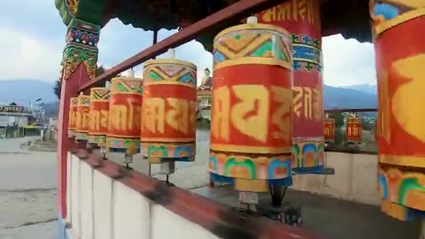 Buddhist Monastery Spinning Prayer Wheels Close Monastery Flat Angle — Stock Video