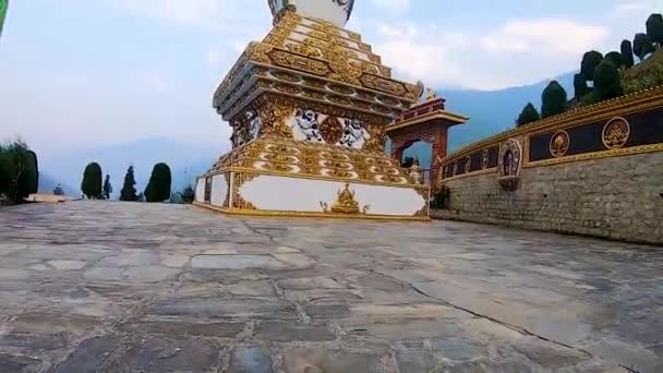 Buddhist Stupa Bright Blue Sky Morning Low Angle — Stock Video