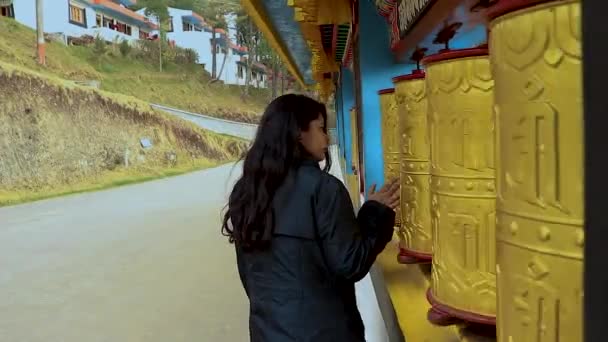 Girl Spinning Buddhism Religious Holy Wheels Monastery Flat Angle — Stock Video