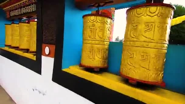 Buddhist Monastery Spinning Prayer Wheels Close Monastery Flat Angle — Stock Video