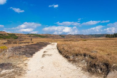Kırsal alanlarda beyaz kumdan oluşan öncü çizgiler parlak ve mavi gökyüzü sabah düz açılı.