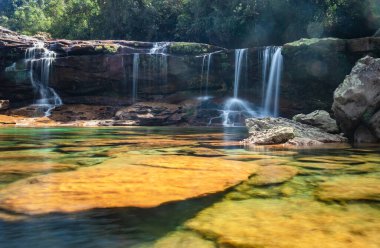 Doğal şelale, sakin ve berrak suyu olan beyaz su dereleri sabahları uzun pozlama görüntüsü Mawasawa Şelalesi Cherrapunji Meghalaya Hindistan 'da çekilir..