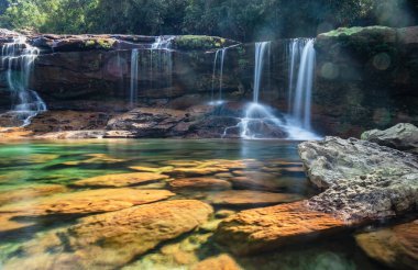 Doğal şelale, sakin ve berrak suyu olan beyaz su dereleri sabahları uzun pozlama görüntüsü Mawasawa Şelalesi Cherrapunji Meghalaya Hindistan 'da çekilir..