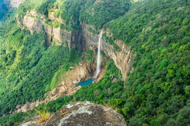 Nohkalikai Şelalesi Cherrapunji meghalaya Hindistan 'da gündüz vakti yeşil ormanlarla kaplanmış şelale dereleri çekilir. Hindistan 'daki en yüksek şelaledir.
