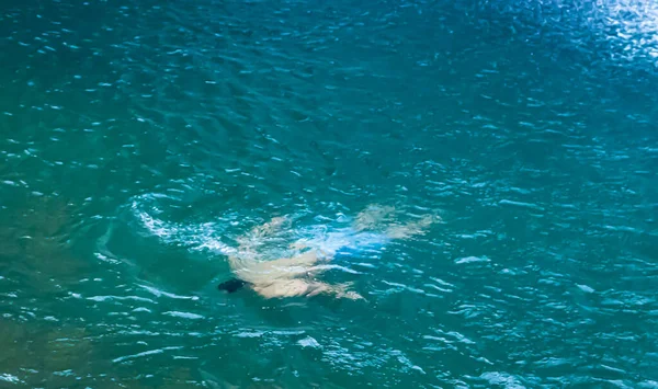 Junger Mann Schwimmt Unter Wasser Bei Natürlichem Wasserfall Morgen Aus — Stockfoto