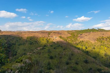 Sarı çimen sıradağları, parlak mavi gökyüzü ile sabah düz açı görüntüsü ile sohra fall meghalaya Hindistan.