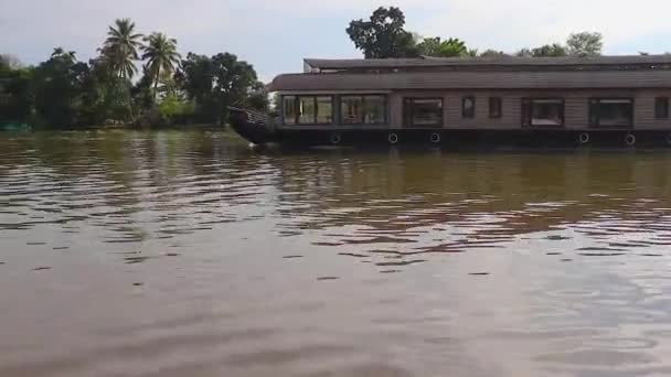 Traditional Houseboats Running Sea Backwater Flat Sky Morning Video Taken — Stock Video