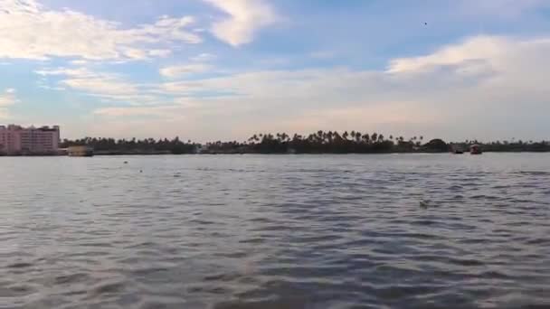 Sea Backwater Many Traditional Houseboats Running Amazing Sky Morning Video — Stock Video