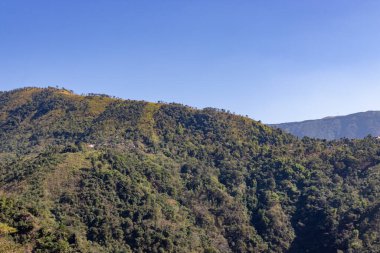 Mawryngkhang trek meghalaya Hindistan 'da sabah yeşil ormanlarla kaplı dağ sıraları ve düz açılı mavi gökyüzü görüntüsü alınır..