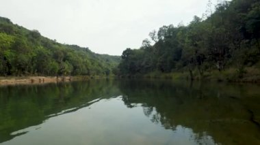 Nehir yoğun yeşil ormanlarla kaplı ve sabah düz açıyla su yansıması var.
