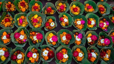 yeşil yaprak tenceresi üst açıdan tapınakta renkli çiçeklerle dolu.