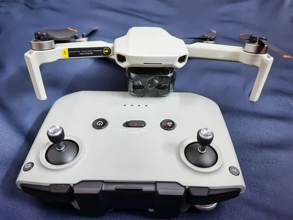 Drone Quad Copter Its Remote Dark Blue Background Different Angle — ストック写真