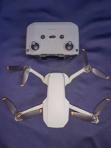 Drone Quad Copter Its Remote Dark Blue Background Different Angle — Photo