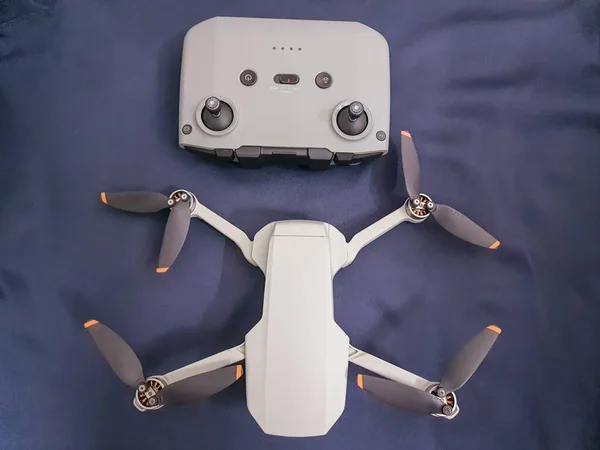 Drone Quad Copter Its Remote Dark Blue Background Different Angle — Photo