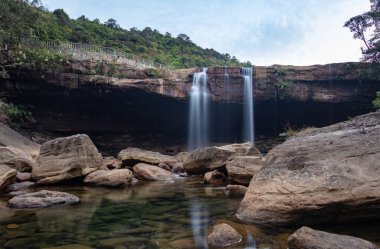 Şelale dereleri sabah dağın tepesinden düşüyor. Farklı açılardan uzun pozlama görüntüleri Krangsuri Şelalesi meghalaya Hindistan 'da çekiliyor..